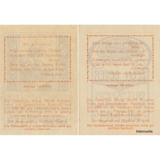 Weng(OÖ) - 2x 10 Heller, Haus, Baum, P.weiß, Dr.Bs.violett, Vs.ocker, Nr.52, Juli 1920 - 1.2.1921, Aufl. 100 Stück, (KKN.1171)III)Nr.52) Erh. I