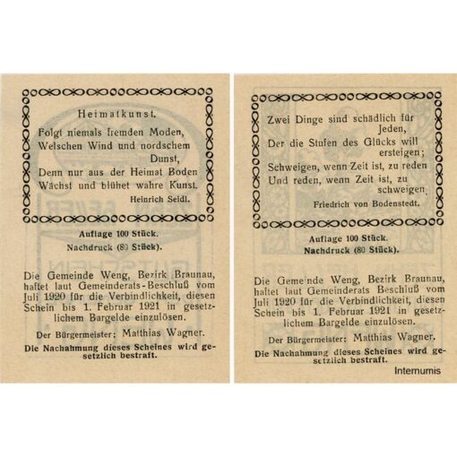 Weng(OÖ) - 2x 10 Heller, Haus, Baum, P.weiss, Dr.bds.schwarz, Nr.33, Juli 1920 - 1.2.1921, Aufl. 100 Stück, Nachdruck 80 Stück, (KKN.S1171)IV)Nr.33) Erh. I