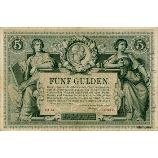 K.K.Staats-Central-Casse - 5 Gulden 1.1.1881, Banknote rechts beschrieben, (KK.107 / ANK.146/P.A154) Erh. IV