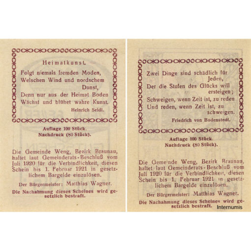 Weng(OÖ) - 2x 10 Heller, Haus, Baum, P.weiss, Dr.bds.violett, Nr.28, Juli 1920 - 1.2.1921, Aufl. 100 Stück, Nachdruck 80 Stück, (KKN.S1171)IV)Nr.28) Erh. I