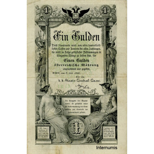 K.K.Staats-Central-Casse - 1 Gulden 7.7.1866, S.Nr. mit Großbuchstaben, (KK.101 / P.A150 / ANK 140) Erh. IV