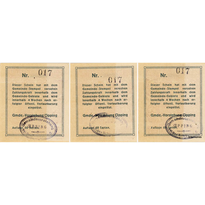 Öpping(OÖ) - 10,20,50 Heller o.D., P. weiß, Vs. Dr.schwarz mit Gemst. u. KN., Bs. Dr. braun, Aufl.60 Serien, (KKN.S710)II)c) Erh. I