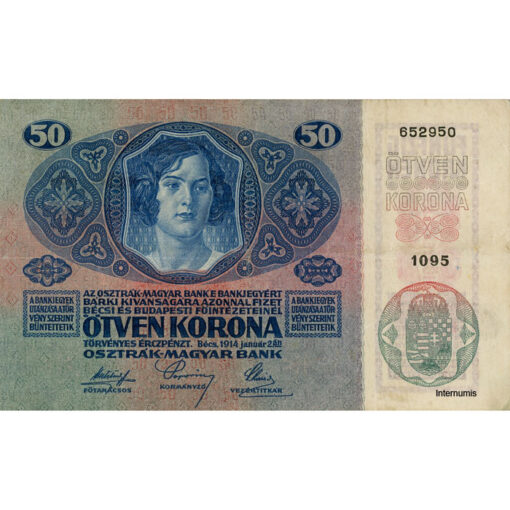 Österreichisch-ungarische Bank - 50 Kronen  2.1.1914 mit rotem DEUTSCHÖSTERREICH - Stempel nach oben verschoben, (KK.138/ANK174/P.54a) Erh. III – Bild 2