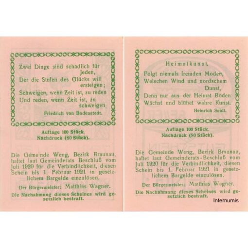 Weng(OÖ) - 2x 10 Heller, Haus, Baum, P.hellrosa, Dr.bds.grün, Nr.12, Juli 1920 - 1.2.1921, Aufl. 100 Stück, Nachdruck 80 Stück, (KKN.S1171)IV)Nr.12) Erh. I/I-