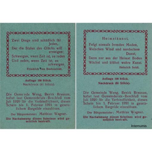 Weng(OÖ) - 2x 10 Heller, Haus, Baum, P.grün, Dr.bds.violett, Nr.29, Juli 1920 - 1.2.1921, Aufl. 100 Stück, Nachdruck 80 Stück, (KKN.S1171)IV)Nr.29) Erh. I/I-