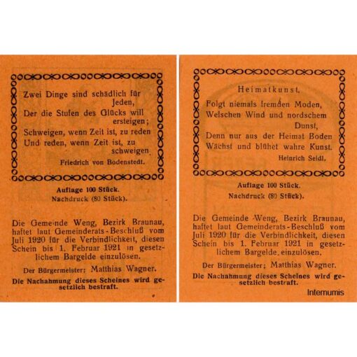 Weng(OÖ) - 2x 10 Heller, Haus, Baum, P.orange, Dr.bds.schwarz, Nr.35, Juli 1920 - 1.2.1921, Aufl. 100 Stück, Nachdruck 80 Stück, (KKN.S1171)IV)Nr.35) Erh. I