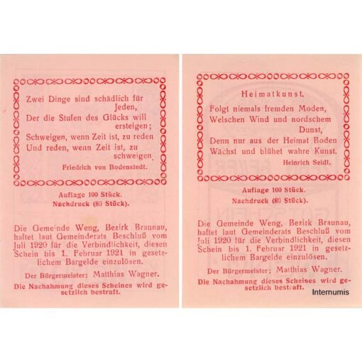 Weng(OÖ) - 2x 10 Heller, Haus, Baum, P.hellrosa, Dr.bds.rot, Nr.4, Juli 1920 - 1.2.1921, Aufl. 100 Stück, Nachdruck 80 Stück, (KKN.S1171)IV)Nr.4) Erh. I