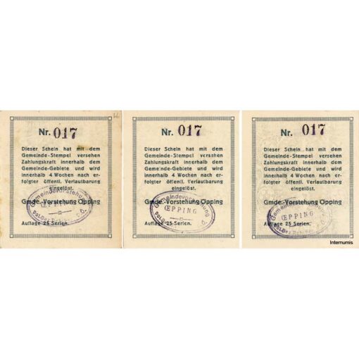 Öpping(OÖ) - 10,20,50 Heller o.D., P. weiß, Vs. Dr.schwarz mit Gemst. u. KN., Bs. Dr.grünbronze, Aufl.25 Serien, (KKN.S710)II)bb) Erh. I-