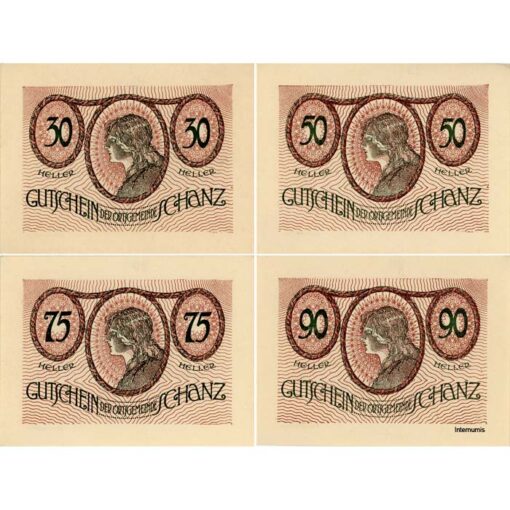 Schanz(NÖ) - 30,50,75,90 Heller 23.7.1920 - 31.12.1920, Kreidepapier mit KN am oberen Rand, Spezialauflage, selten, (KKN.S953)II)e,var.) Erh. I/I- – Bild 2