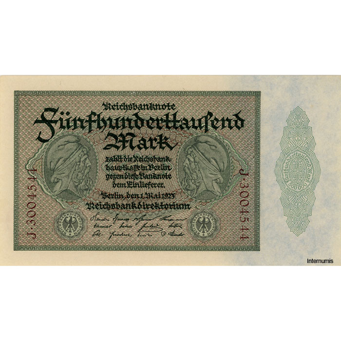 Weimarer Republik - 500.000 Mark 1.5.1923, KN.7 stellig, Serie J, Reichsdruck, (#Deu-99c/Rosb.87c/P.88) Erh. UNC/AU