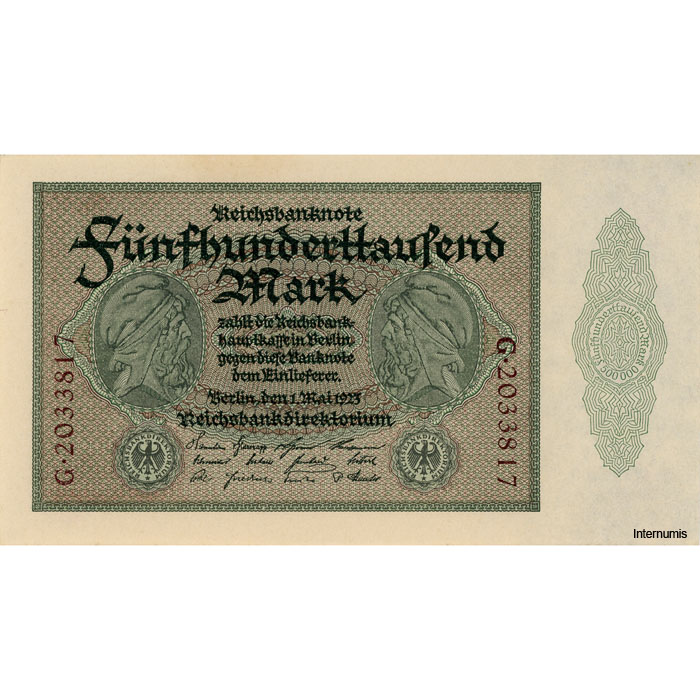 Weimarer Republik - 500.000 Mark 1.5.1923, KN.7 stellig, Serie G, Reichsdruck, (#Deu-99c/Rosb.87c/P.88) Erh. UNC/AU