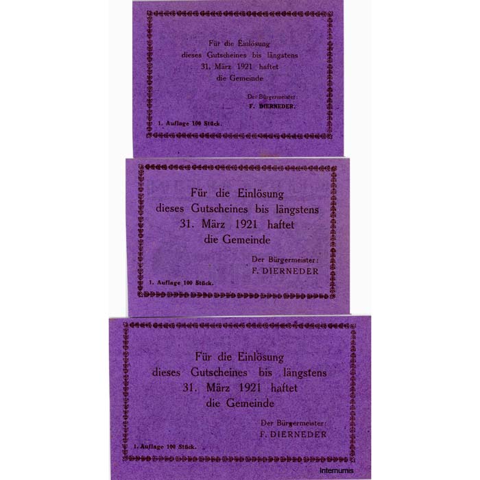 Wimm (OÖ) - 10,20,50 Heller o.D., (-1921), P.violett,Dr.schwarz, 1.Aufl., 100 Stk., (KKN.S1237)I)g) Erh. I/I-