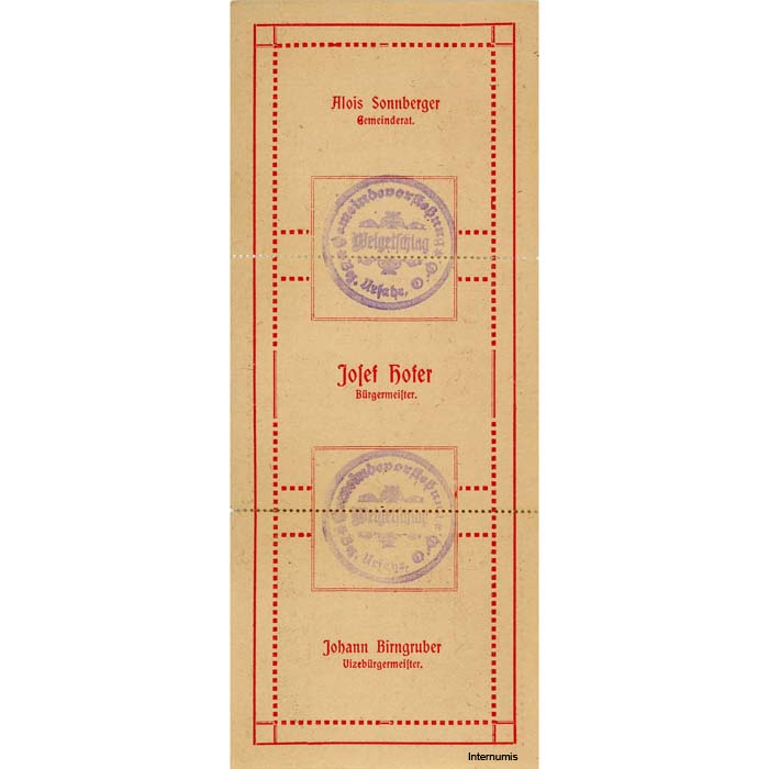 Weigeltschlag(OÖ) - 30,60,90 Heller o.D.(1920), in perf.Streifen, Rs.Glanzpapier gelb, 2 Auflage, 3000 Stück, (KKN.S1147)II)b) Erh. I-