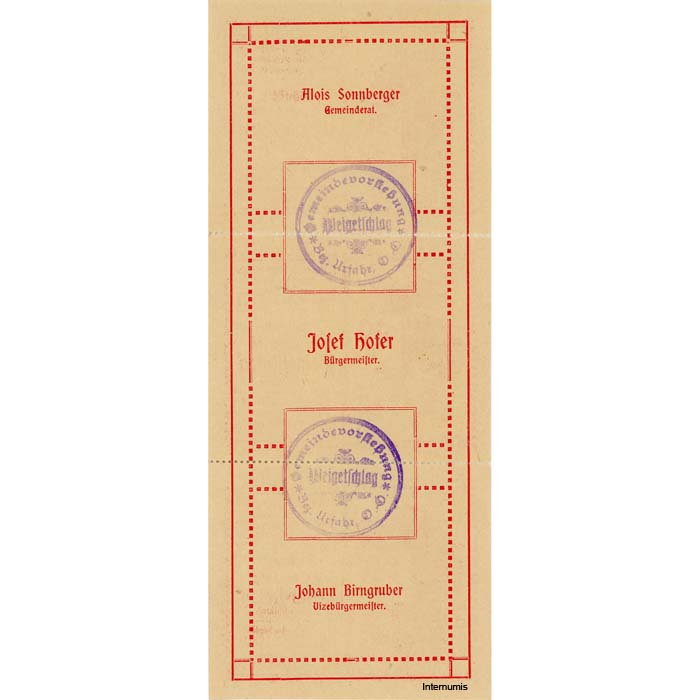 Weigeltschlag(OÖ) - 30,60,90 Heller o.D.(1920), in perf.Streifen, Rs.Glanzpapier weiß, 2 Auflage, 3000 Stück, (KKN.S1147)II)c) Erh. I
