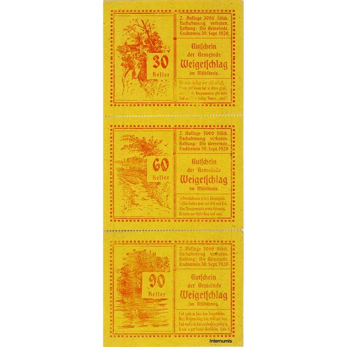 Weigeltschlag(OÖ) - 30,60,90 Heller o.D.(1920), in perf.Streifen, Rs.Glanzpapier gelb, 2 Auflage, 3000 Stück, (KKN.S1147)II)b) Erh. I- – Bild 2