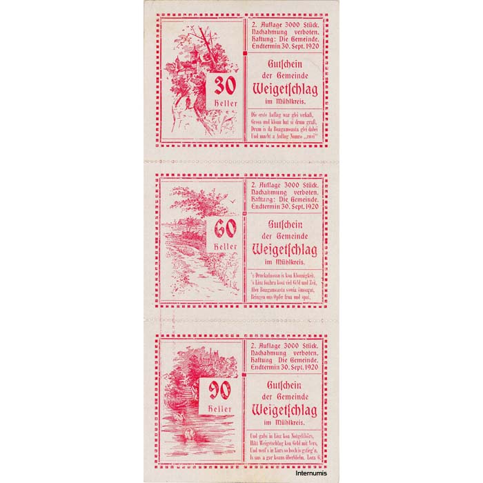 Weigeltschlag(OÖ) - 30,60,90 Heller o.D.(1920), in perf.Streifen, Rs.Glanzpapier weiß, 2 Auflage, 3000 Stück, kl.Stockflecken, (KKN.S1147)II)c) Erh. I- – Bild 2