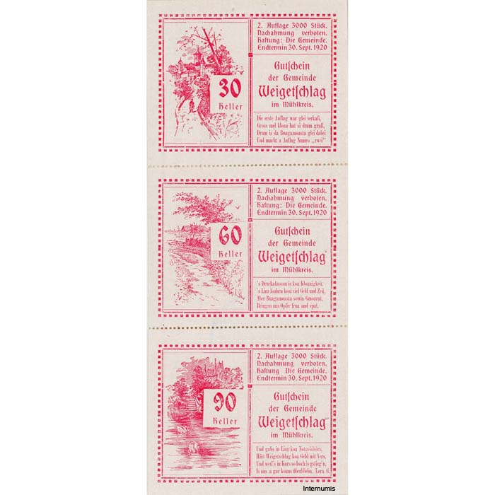 Weigeltschlag(OÖ) - 30,60,90 Heller o.D.(1920), in perf.Streifen, Rs.Glanzpapier weiß, 2 Auflage, 3000 Stück, (KKN.S1147)II)c) Erh. I – Bild 2