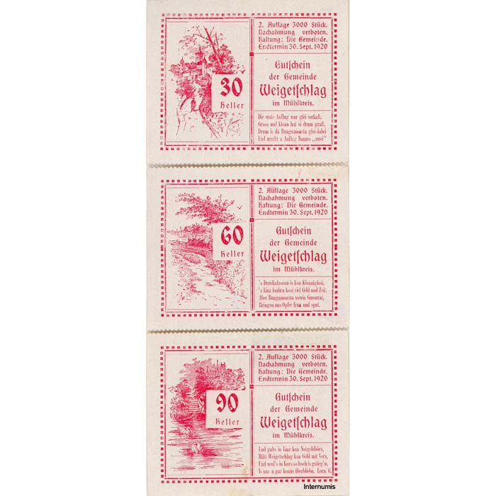 Weigeltschlag(OÖ) - 30,60,90 Heller o.D.(1920), lose, Rs.Glanzpapier weiß, 2 Auflage, 3000 Stück, (KKN.S1147)II)c) Erh. II – Bild 2
