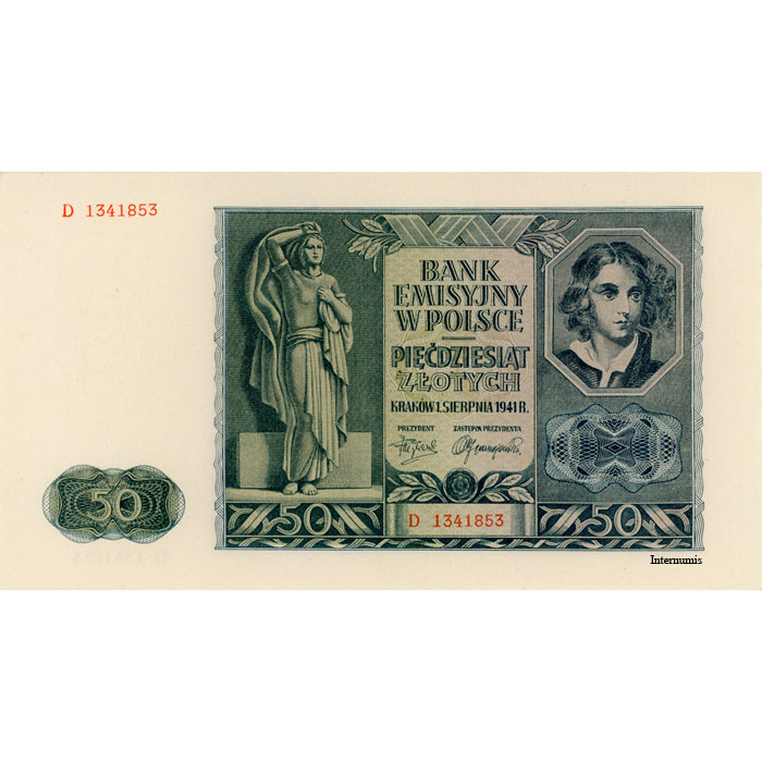 Generalgouvernement Polen - 50 Zloty 1.8.1941, Serie D, (P.102/Rosb.582) Erh. UNC