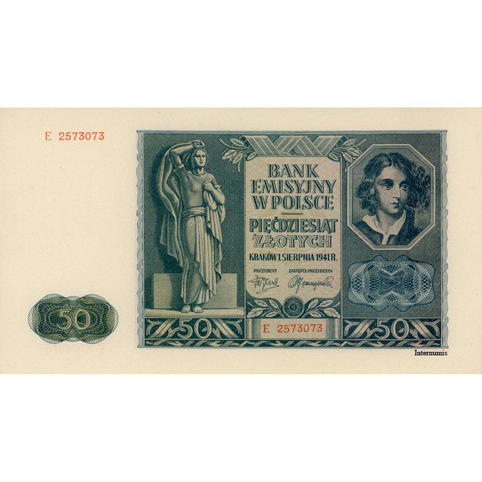 Generalgouvernement Polen - 50 Zloty 1.8.1941, Serie E, (P.102/Rosb.582) Erh. UNC