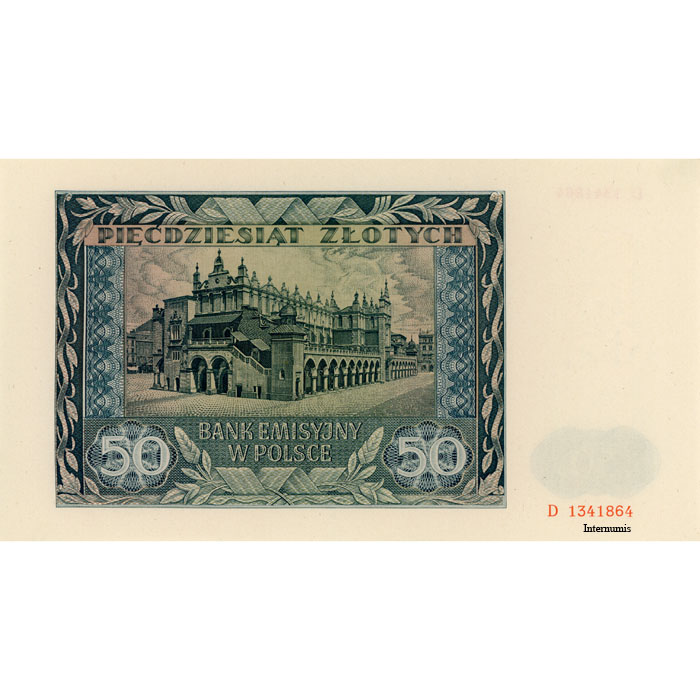 Generalgouvernement Polen - 50 Zloty 1.8.1941, Serie D, (P.102/Rosb.582) Erh. UNC – Bild 2