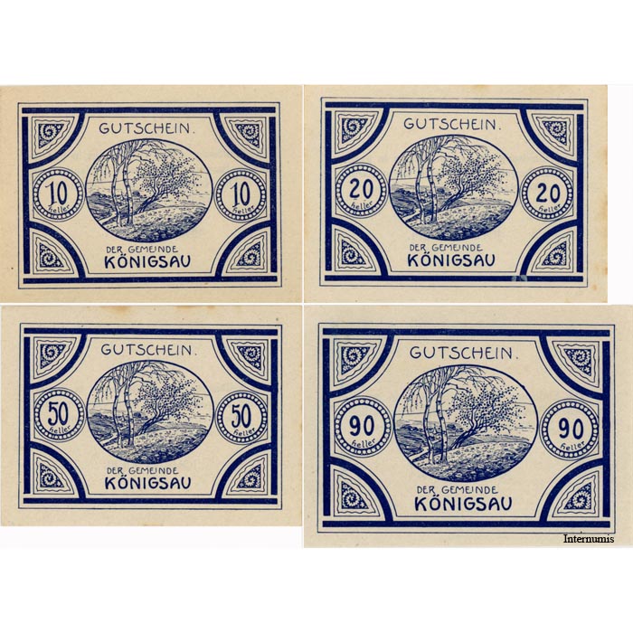 Königsau(OÖ) - 10,20,50,90 Heller ohne Datum, Bild Blau, leichte Stockflecken, (KKN.S463)III)a) Erh. I- – Bild 2