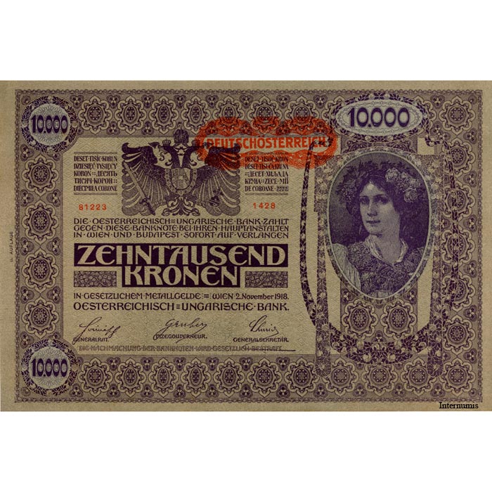 Österr.-Ungarische Bank - 10.000 Kronen 2.11.1918, DEUTSCHÖSTERREICH - Aufdruck Waagrecht, rechts von der Krone, 2. Auflage, (KK.150a / ANK 184/P.66) Erh. II+