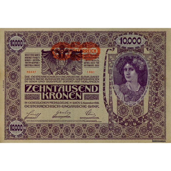 Österr.-Ungarische Bank - 10.000 Kronen 2.11.1918, DEUTSCHÖSTERREICH - Aufdruck Waagrecht, 2. Auflage, Farbvariante beige, (KK.150b / ANK 184/P.66) Erh. I-/II