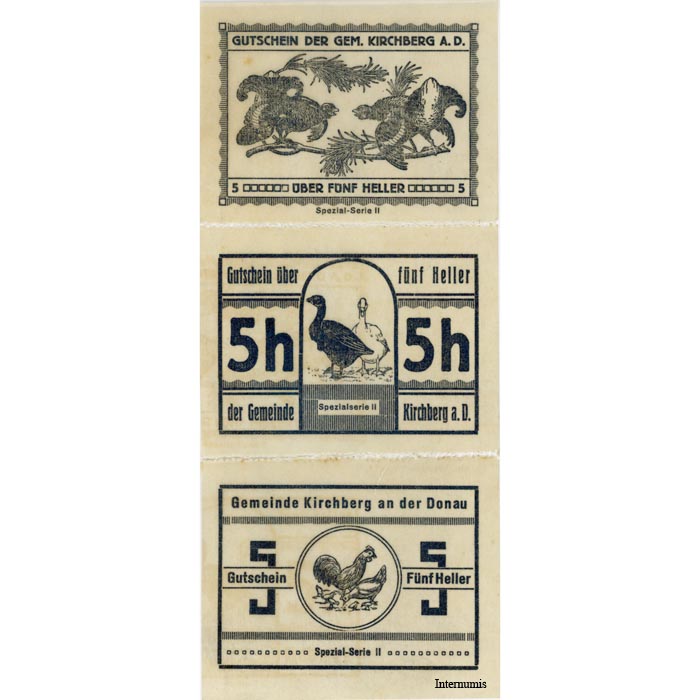 Kirchberg an der Donau(OÖ) - 3 versch. 5 h - Werte o.D., Pergamentpapier, Spezial-Serie II, Dr.blaubronze, 1 mm Seiteneinriß, (KKN.S441)IV)c) Erh. I