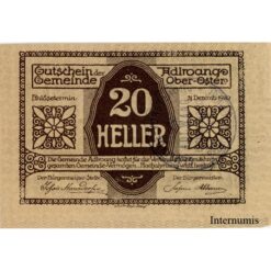 Adlwang(OÖ) - 20 Heller 1920, Unterdruckmuster Vs.2, Rs.1, Gmst. 29 mm Durchmesser, (KKN.5)d) Erh. I-