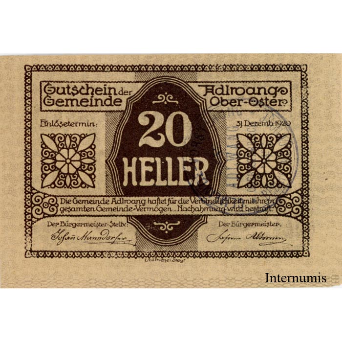 Adlwang(OÖ) - 20 Heller 1920, Unterdruckmuster Vs.2, Rs.1, Gmst. 29 mm Durchmesser, (KKN.5)d) Erh. I-
