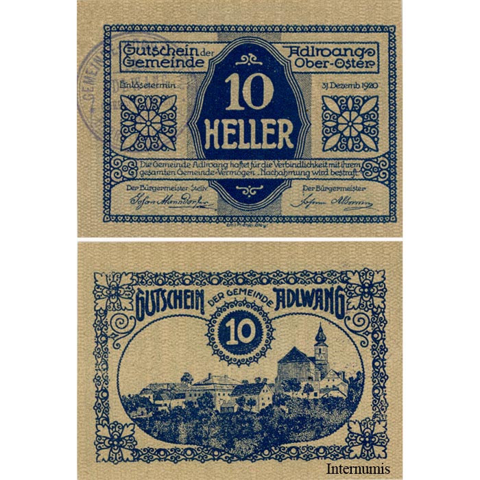 Adlwang(OÖ) - 10 Heller 1920, Unterdruckmuster 1, Gmst. 29 mm Durchmesser, (KKN.5)d) Erh. I