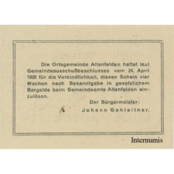 Altenfelden (OÖ) - 5 Heller o.D.,(1920),Glanzpapier blau, Druck schwarz, (KKN.S27)III)5h) Erh. I-