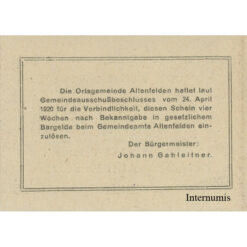 Altenfelden (OÖ) - 5 Heller o.D.,(1920),Glanzpapier braun, Druck schwarz, (KKN.S27)III)5h) Erh. I-