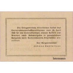 Altenfelden (OÖ) - 5 Heller o.D.,(1920),Glanzpapier lila, Druck schwarz, (KKN.S27)III)5h) Erh. I-
