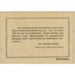 Altenfelden (OÖ) - 5 Heller o.D.,(1920),Glanzpapier silber, Druck schwarz, (KKN.S27)III)5h) Erh. I-
