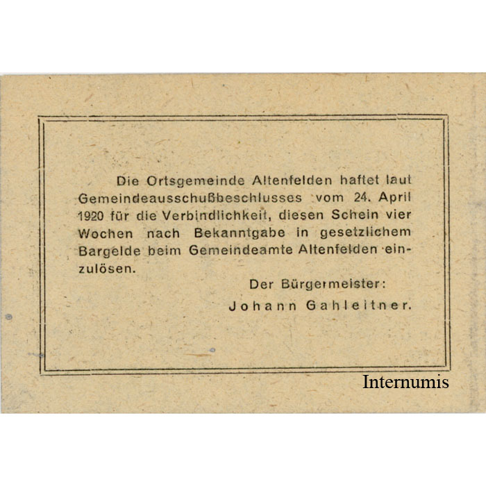 Altenfelden (OÖ) - 5 Heller o.D.,(1920),Glanzpapier silber, Druck schwarz, (KKN.S27)III)5h) Erh. I-