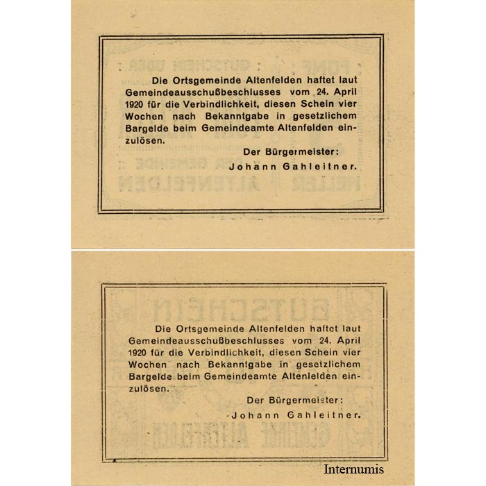 Altenfelden (OÖ) - 5,10 Heller 1920, Glanzpapier gelb, Druck schwarz, (KN.S27)III) Erh. I/I-