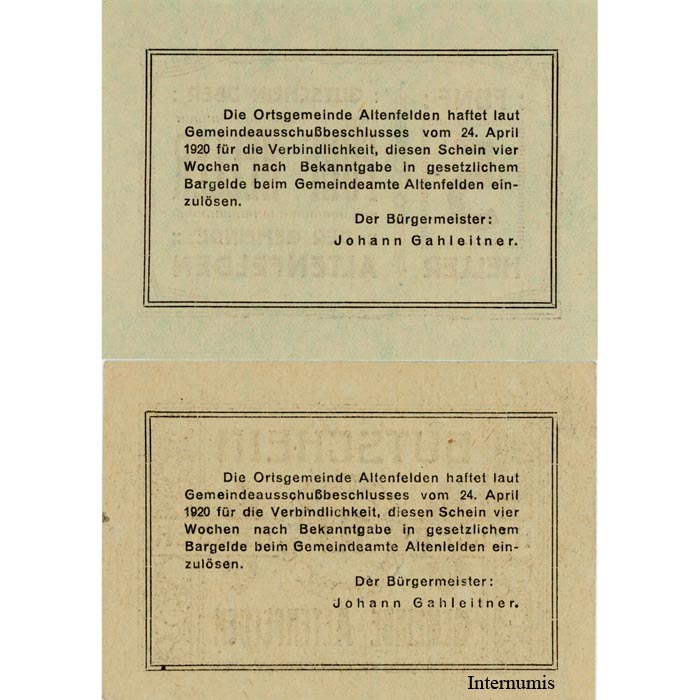 Altenfelden (OÖ) - 5,10 Heller 1920, Glanzpapier grün, Druck schwarz, (KN.S27)III) Erh. I/I-