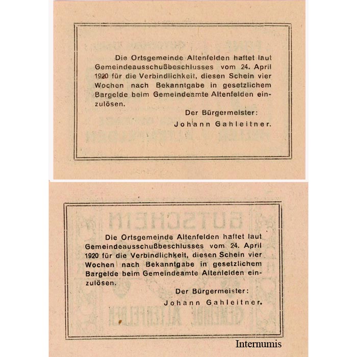 Altenfelden (OÖ) - 5,10 Heller 1920, Glanzpapier rosa, Druck schwarz, (KN.S27)III) Erh. I/I-