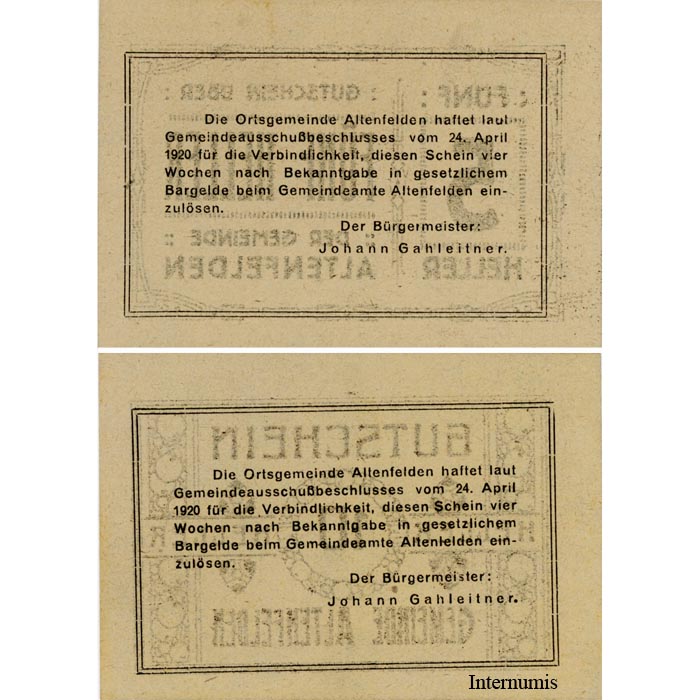Altenfelden (OÖ) - 5,10 Heller 1920, Glanzpapier silber, Druck schwarz, (KN.S27)III) Erh. I/I-