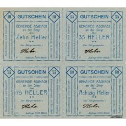 Aschach a.d.Steyr(OÖ) - 10,35,75,80 Heller 1920, Auflage C, 1000 Stück, perf.Quadrat, Kp.blau mit Prägestempel u. Unterschrf., (KKN.S54)IV)a/2) Erh. I-