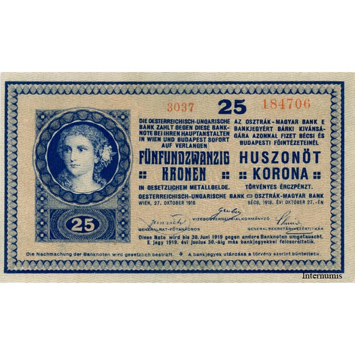 Ungarn - 25 Korona 27.10.1918(1919), Serien Nr.rechts 18 mm, (P.13a) Erh. XF