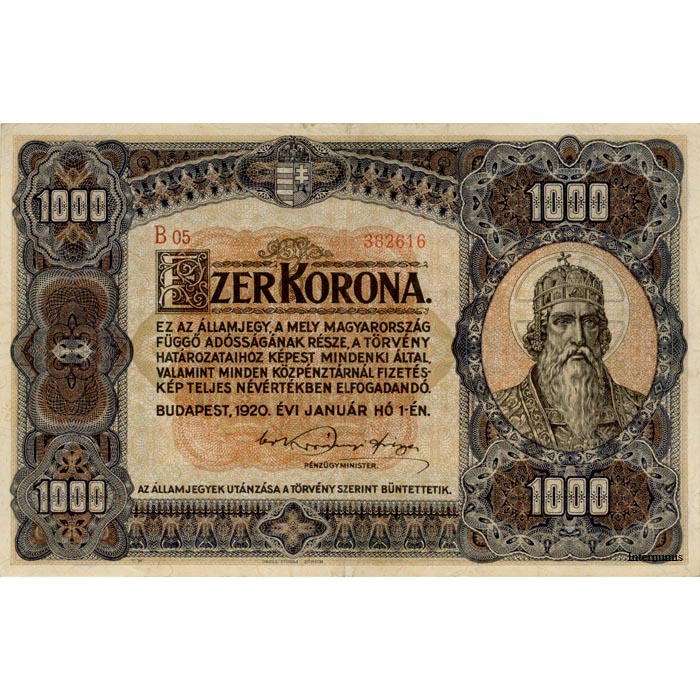 Ungarn - 1000 Korona 1.1.1920, (P.65) Erh. XF