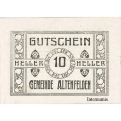 Alternative view of Altenfelden (OÖ) - 10 Heller o.D.,(1920),Glanzpapier weiß, Druck schwarz, (KKN.S27)III)10h) Erh. I-