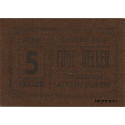 Alternative view of Altenfelden (OÖ) - 5 Heller o.D.,(1920),Glanzpapier braun, Druck schwarz, (KKN.S27)III)5h) Erh. I-
