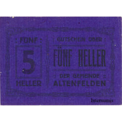 Alternative view of Altenfelden (OÖ) - 5 Heller o.D.,(1920),Glanzpapier violett, Druck schwarz, (KKN.S27)III)5h) Erh. I-