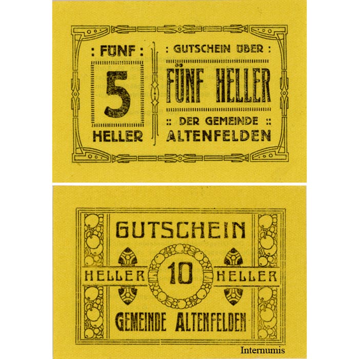 Altenfelden (OÖ) - 5,10 Heller 1920, Glanzpapier gelb, Druck schwarz, (KN.S27)III) Erh. I/I- – Bild 2