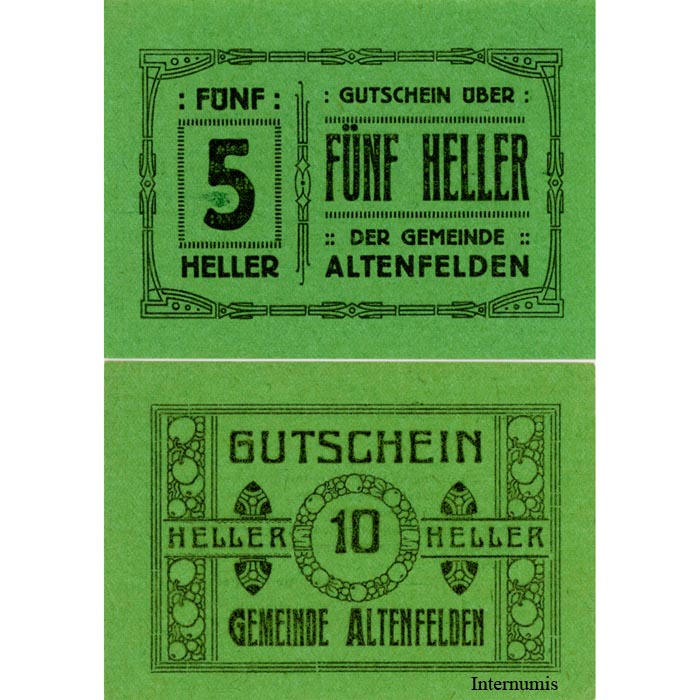 Altenfelden (OÖ) - 5,10 Heller 1920, Glanzpapier grün, Druck schwarz, (KN.S27)III) Erh. I/I- – Bild 2