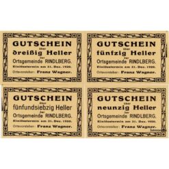 Rindlberg(OÖ) - 30,50.75,90 Heller o.D.(-1920), Papier hellgelb, einzeln, Dr.einseitig, (KKN.S839)I)c) Erh. I